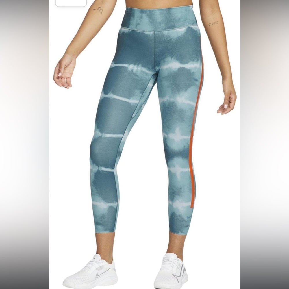 Women’s Nike One Luxe Blue Tie Dye Orange Stripe Leggings Waist Tech Pocket